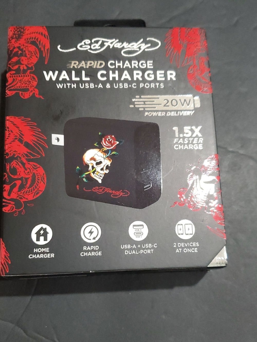 Ed Hardy black iconic ed hardy skull red roses floral print rapid charge charger